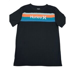 Hurley Kids XL (14/16) Black Short Sleeve T Shirt Striped Logo Graphic Tee‎